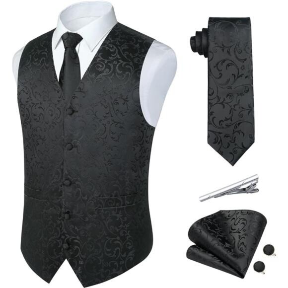 5PCS Tuxedo Waistcoat for Men Black